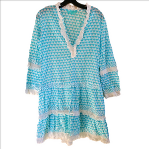 Melissa Odabash Cotton Blockprint Fringe Tassel Cover-up Beach Dress Size XS O/S